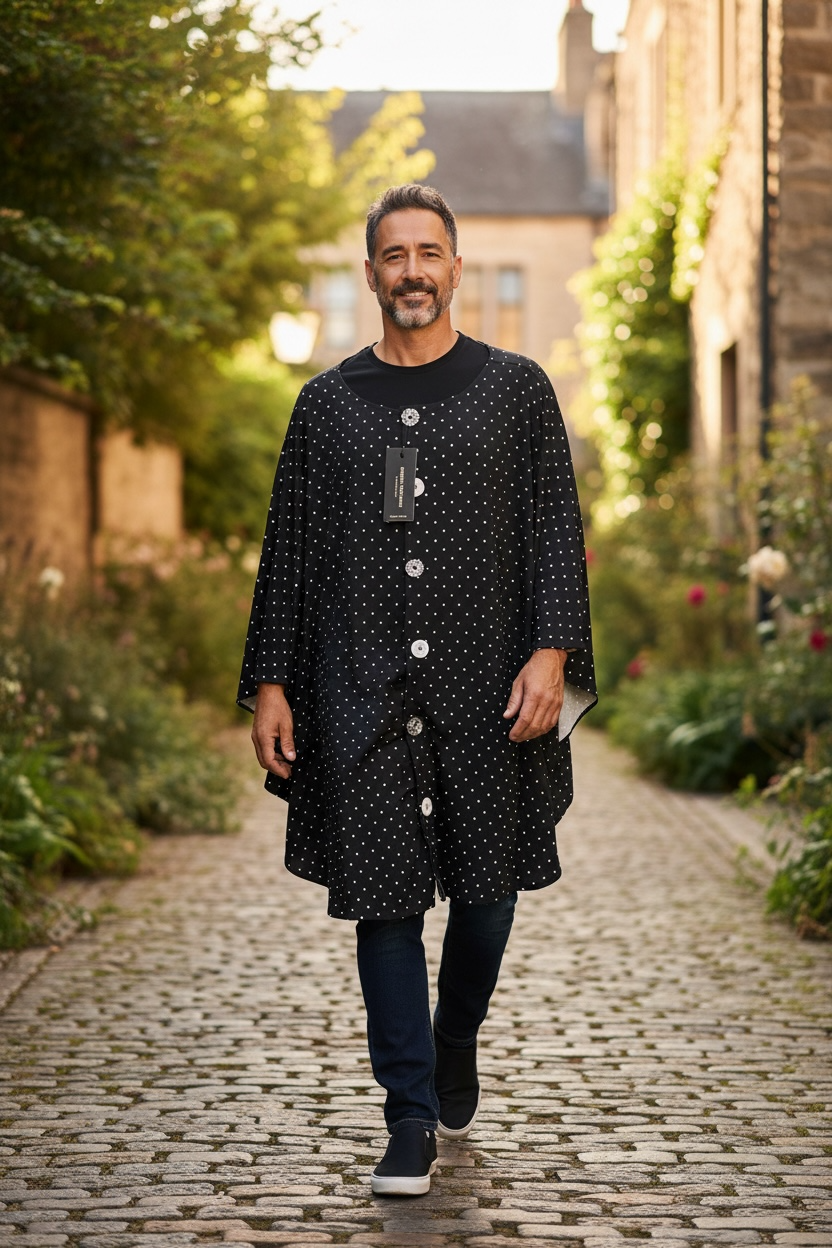 Time to be extraordinary with this BOSSIE, polka dot, free-arm cape! One Size M-XL