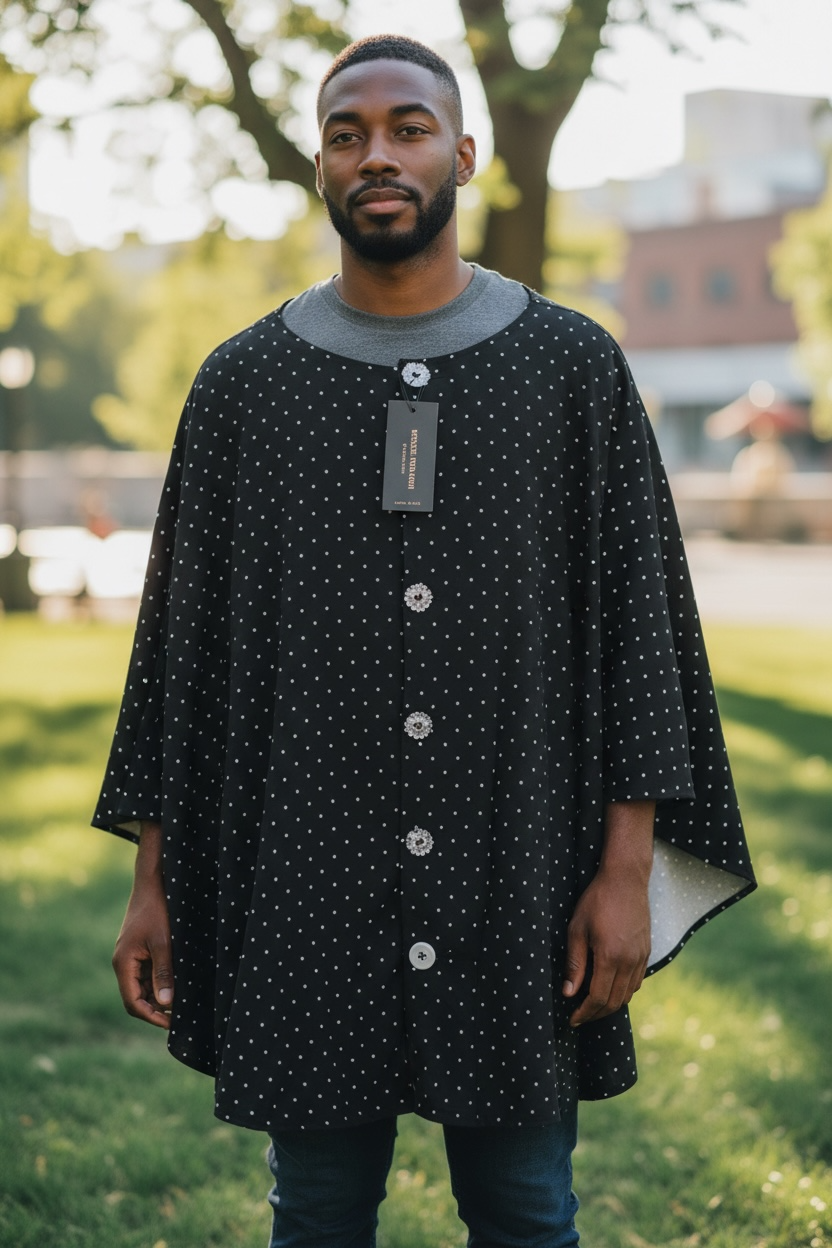 Time to be extraordinary with this BOSSIE, polka dot, free-arm cape! One Size M-XL