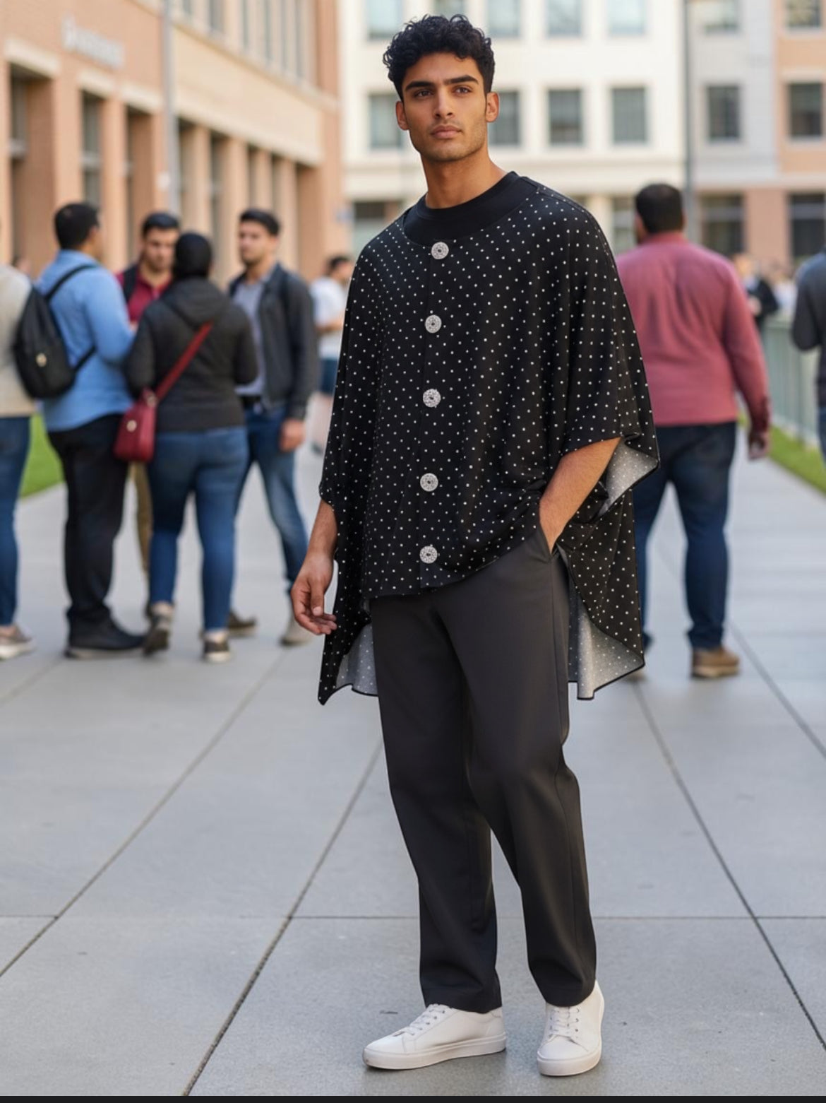 Time to be extraordinary with this BOSSIE, polka dot, free-arm cape! One Size M-XL