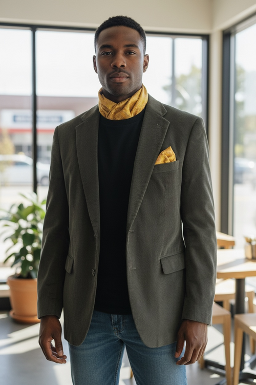 Distinguished, Stafford Corduroy Sports Coat Features a Pocket Square and an elegant scarf. Size 42 Long