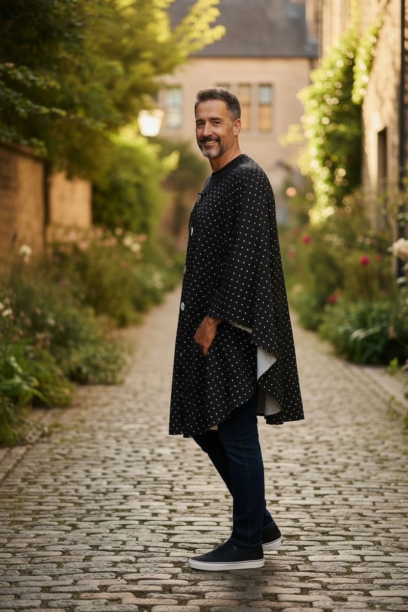 Time to be extraordinary with this BOSSIE, polka dot, free-arm cape! One Size M-XL